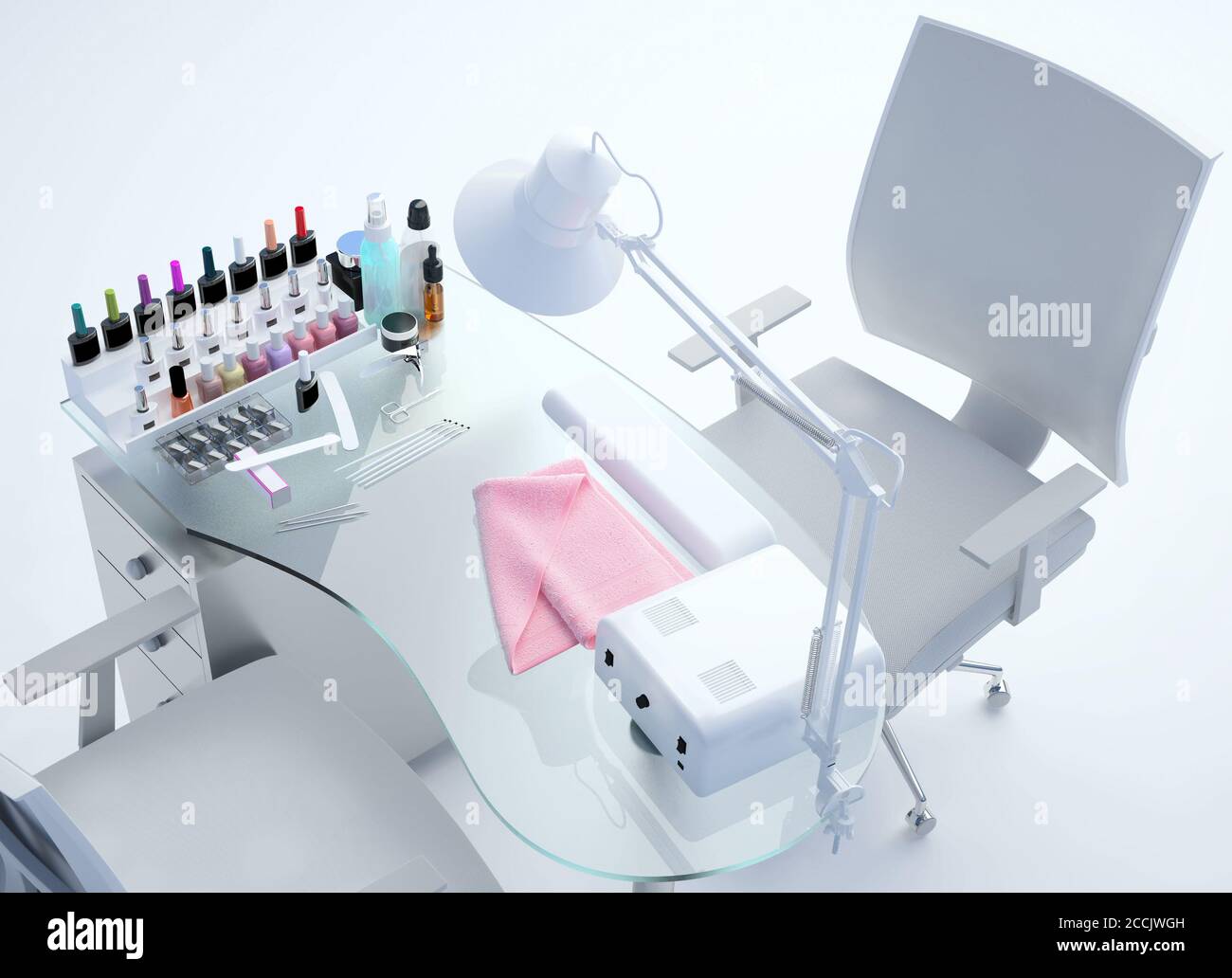 Nail care. Manicure table in salon. Set of professional manicure tools. Beauty care Stock Photo