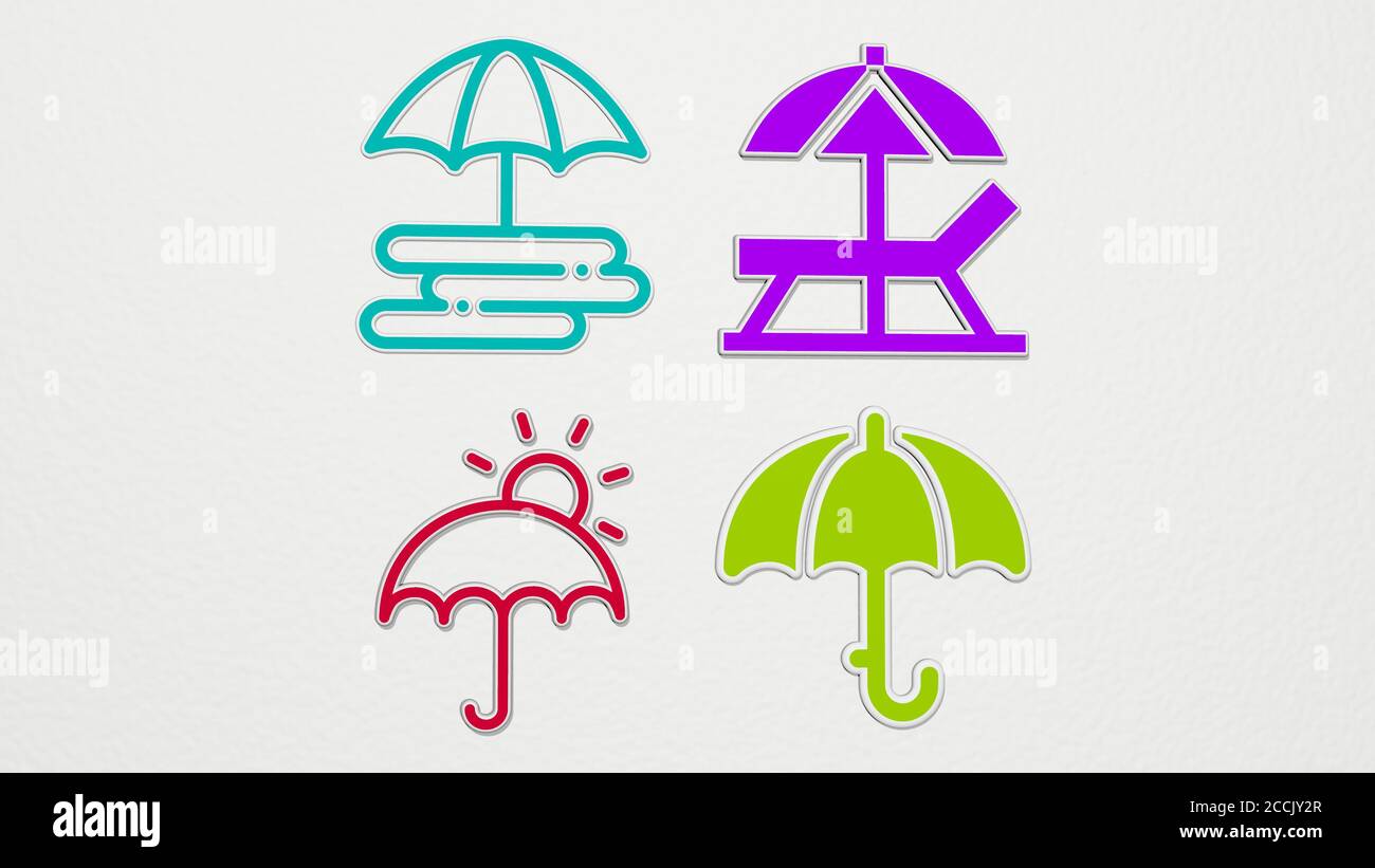 sun umbrella colorful set of icons, 3D illustration Stock Photo