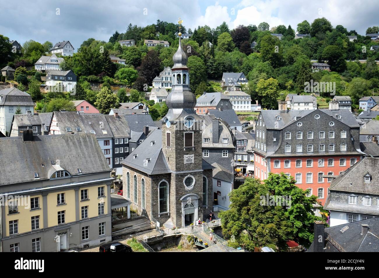 The Protestant Stadtkirche Monschau and The Foundation Scheibler Museum Rotes Haus in the the