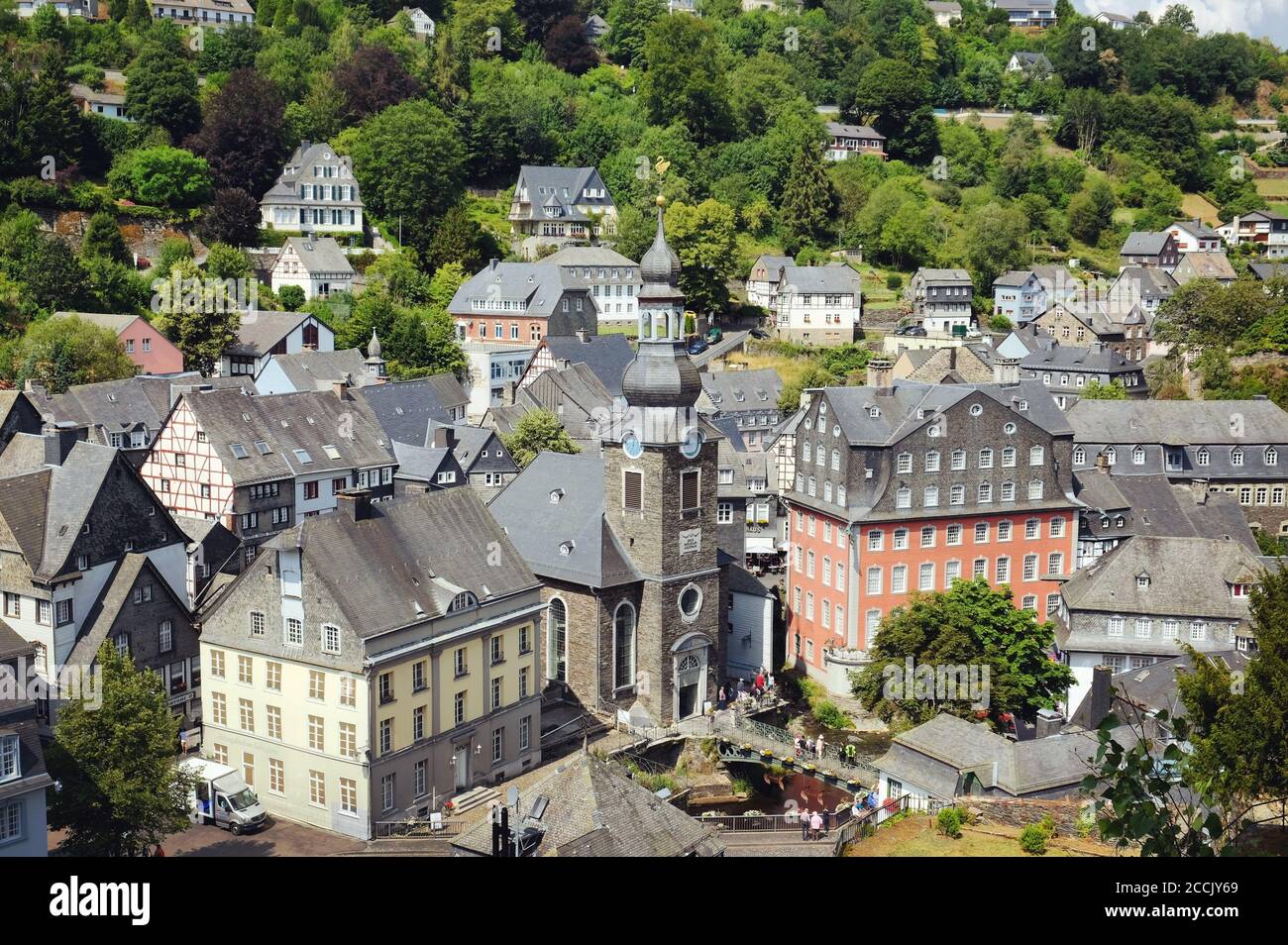 The Protestant Stadtkirche Monschau and The Foundation Scheibler Museum Rotes Haus in the the