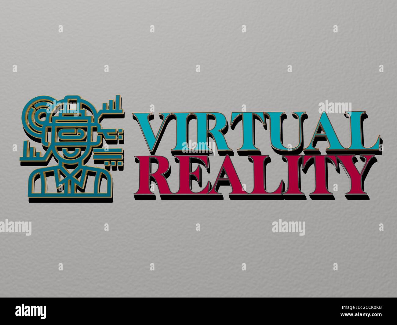 3D representation of virtual reality with icon on the wall and text arranged by metallic cubic letters on a mirror floor for concept meaning and slideshow presentation, 3D illustration Stock Photo