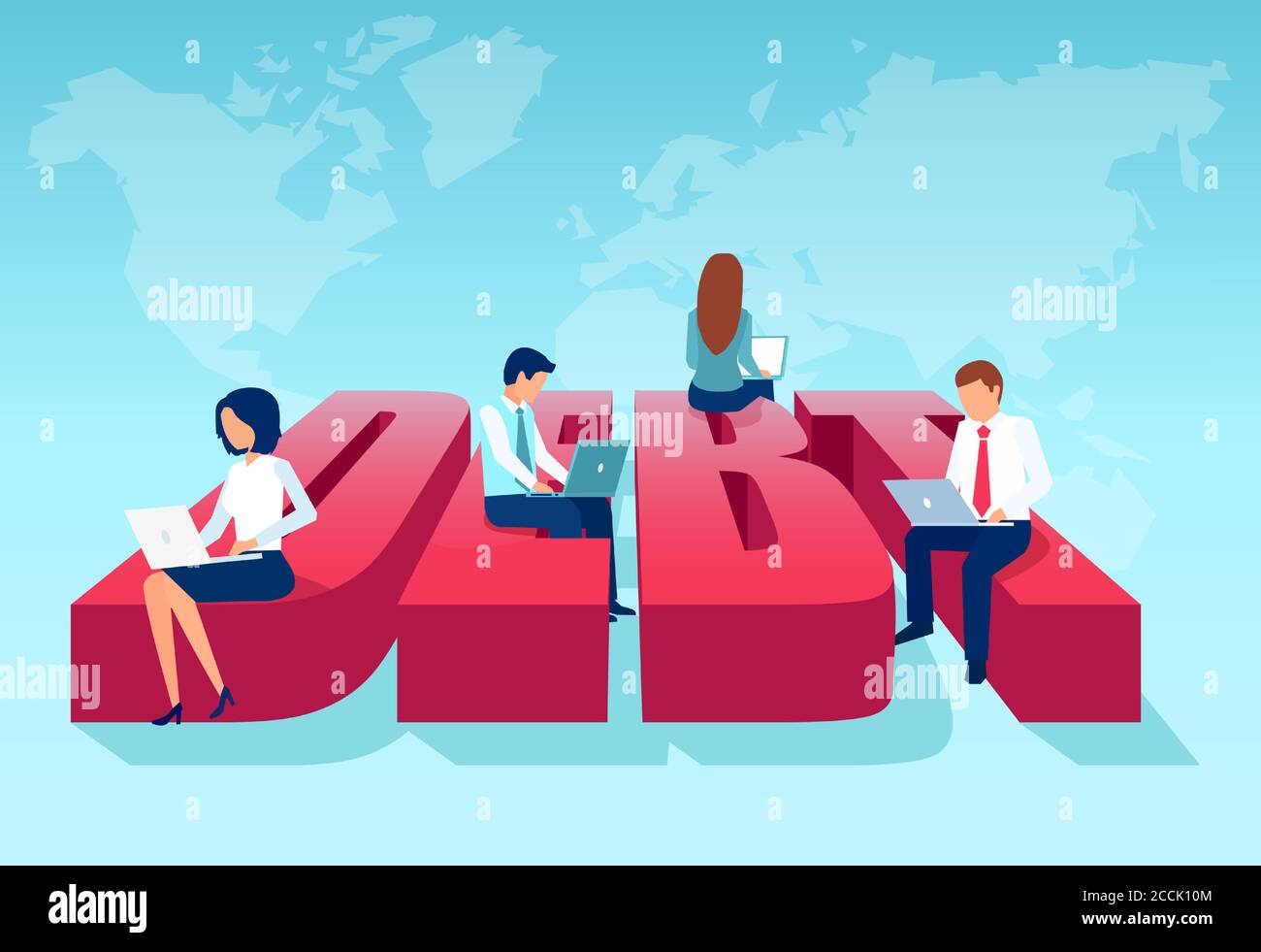 Vector of a group of business people working on laptop computers sitting on a word debt Stock Vector