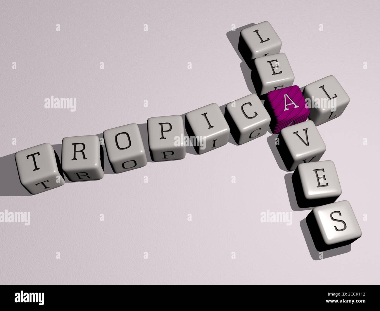 tropical leaves crossword by cubic dice letters, 3D illustration Stock