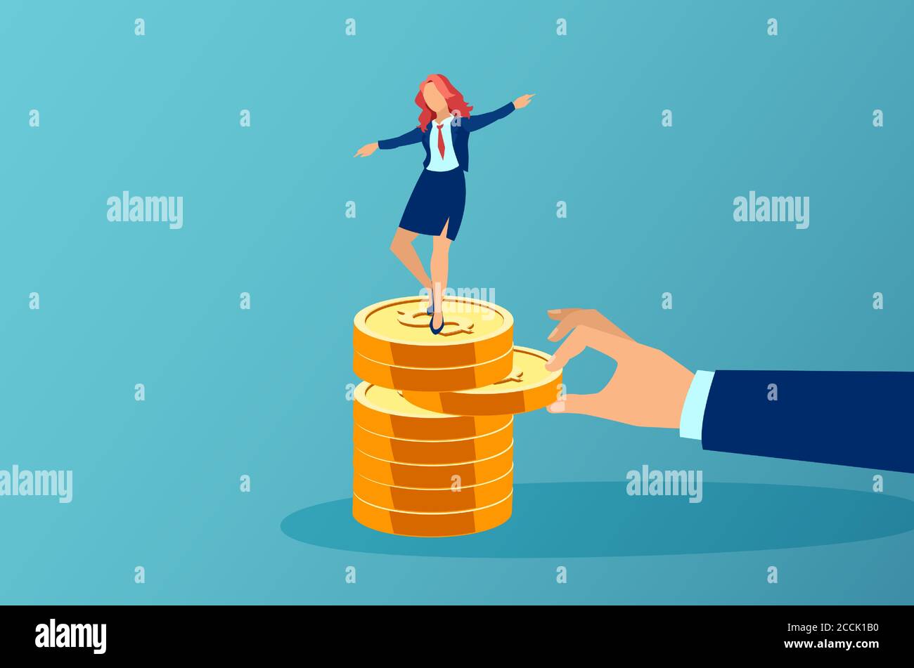 Vector of a big businessman hand pulling out a coin out of a pile with a balancing businesswoman on top of it Stock Vector