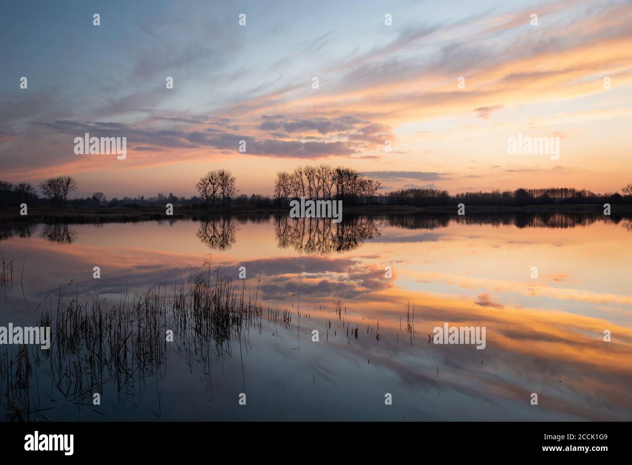 The reflection of colorful clouds and trees in a peaceful lake Stock ...