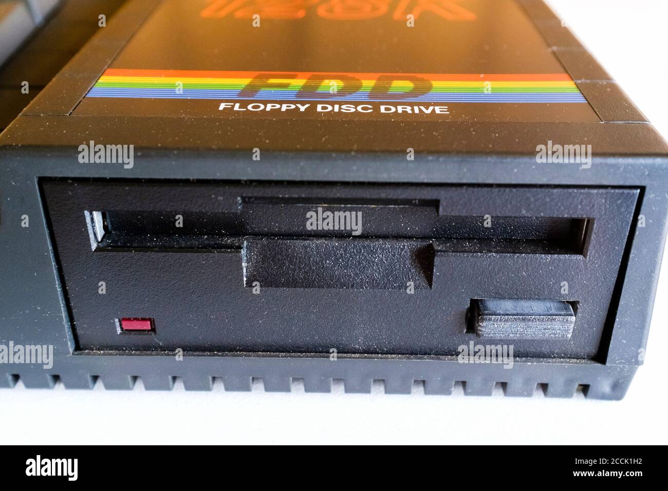 The built-in 3 inch floppy disc drive of the Sinclair ZX Spectrum +3 personal computer, launched in the UK in 1987. Stock Photo