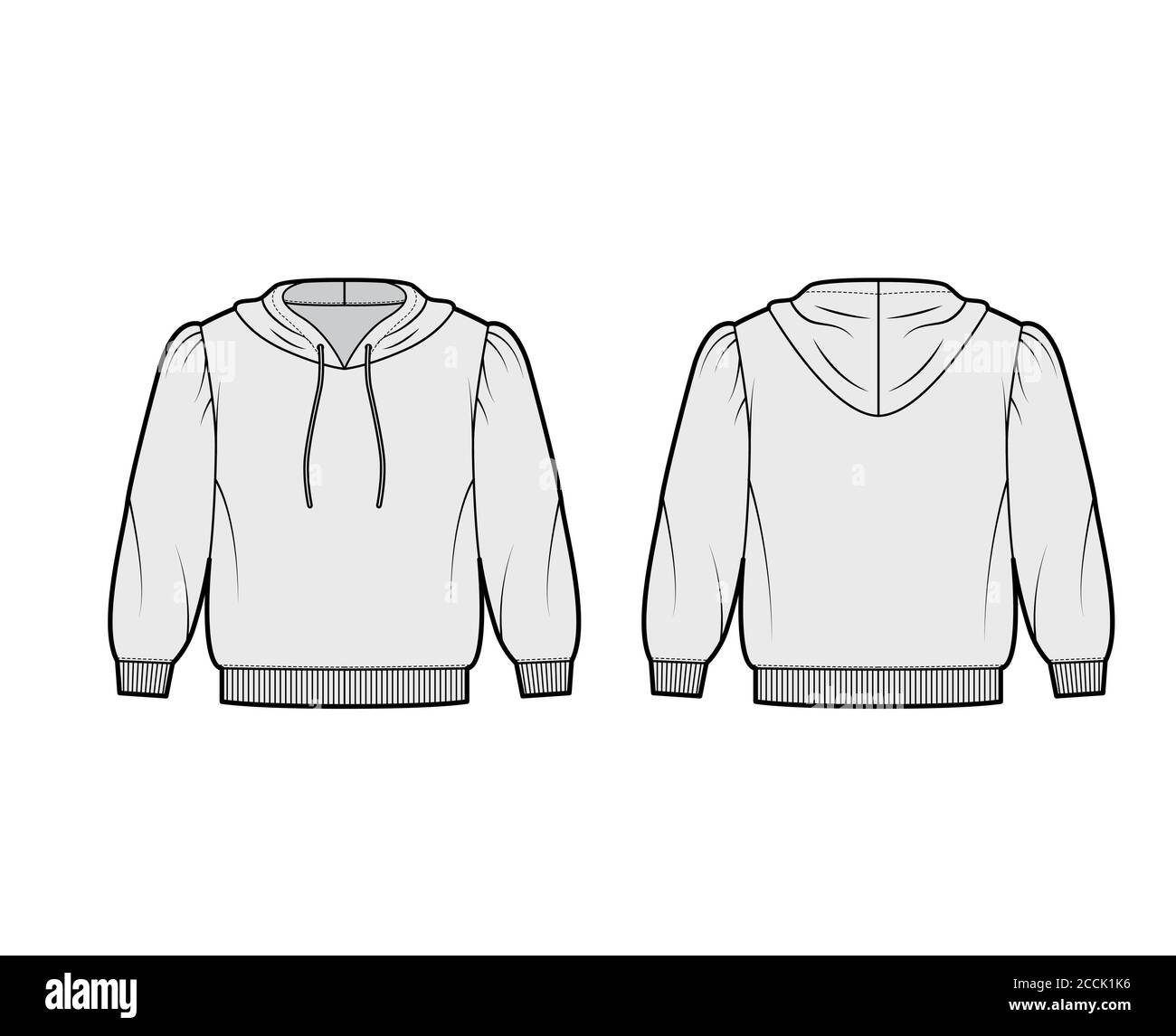Cropped cotton-jersey hoodie technical fashion illustration with loose fit, puffed shoulders, elbow sleeves, ribbed trims. Flat jumper template front back grey color. Women men unisex sweatshirt top Stock Vector