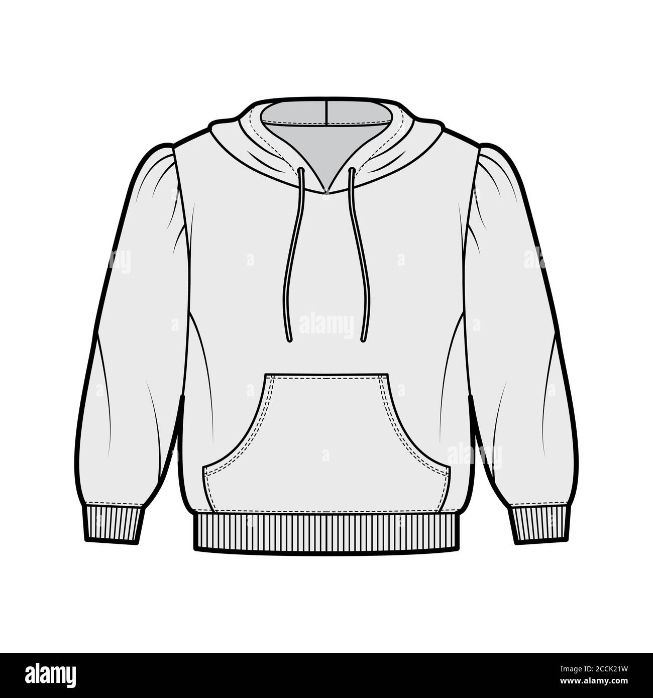 Cropped cotton-jersey hoodie technical fashion illustration with loose fit, puffed shoulders, elbow sleeves front pocket. Flat jumper apparel template front grey color. Women men unisex sweatshirt top Stock Vector