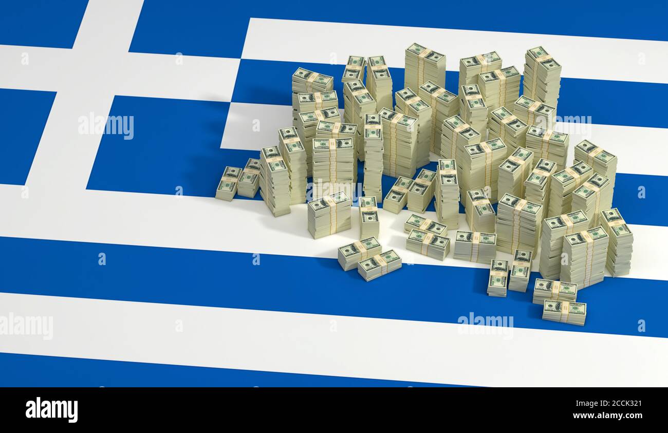 Stacks of 100 Dollar banknotes on Greek national flag. 3D Rendering ...