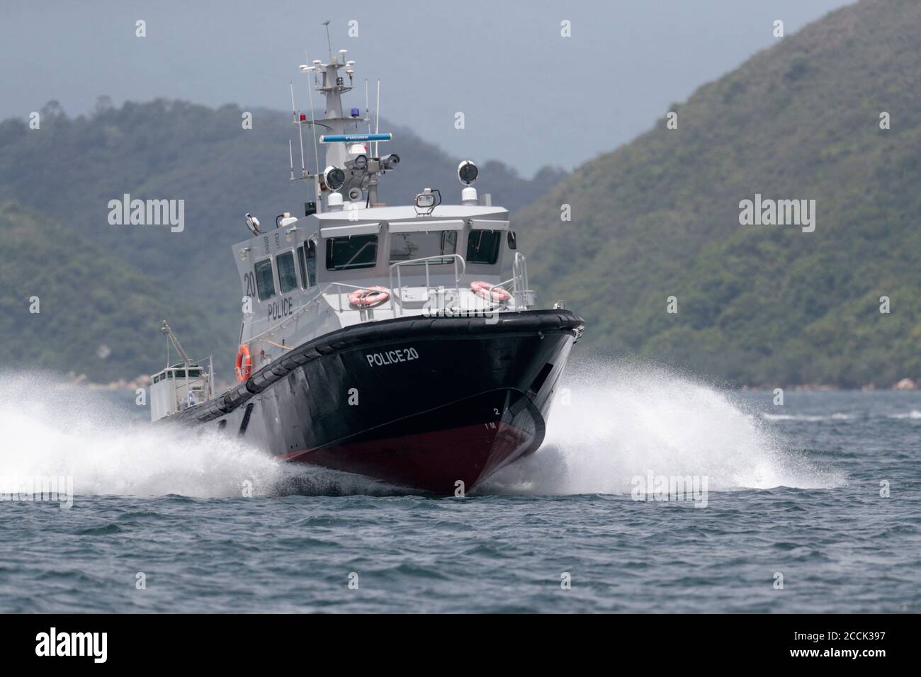 Hong Kong Police Launch 20, at speed, Tolo Harbour, northeast New Territories, Hong Kong, China 15th August 2018 Stock Photo