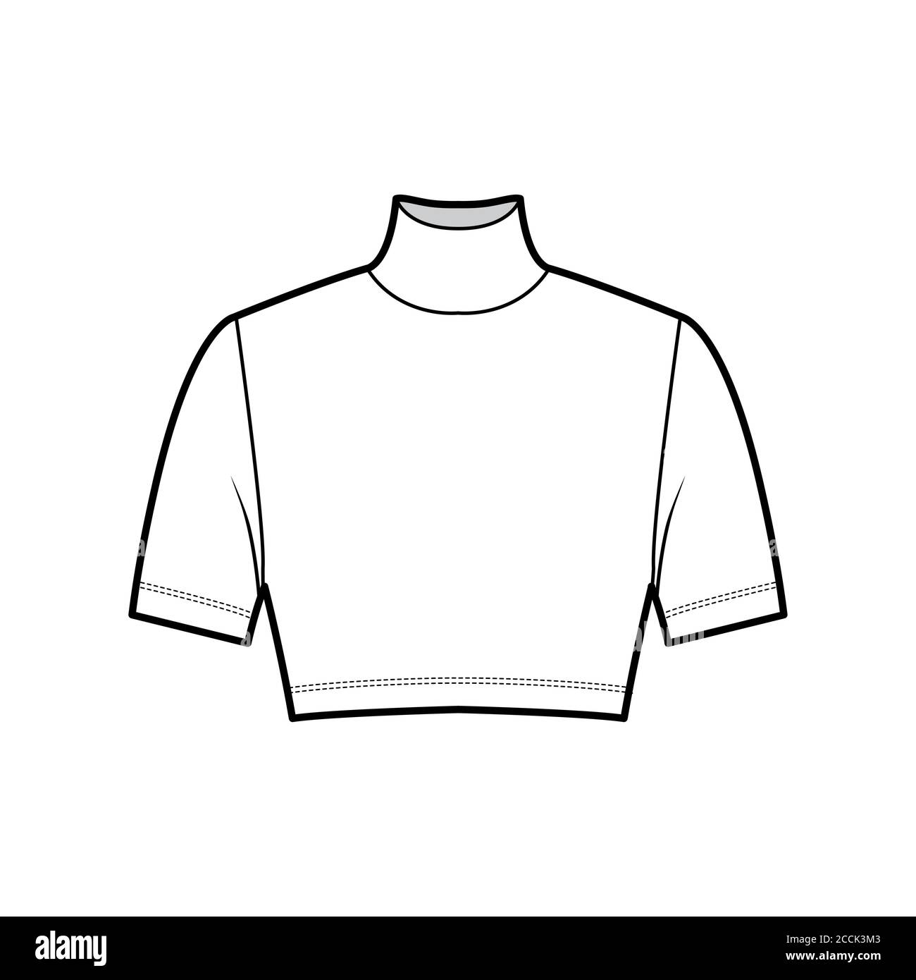 Cropped turtleneck jersey sweater technical fashion illustration with short sleeves, close-fitting shape. Flat outwear jumper apparel template front white color. Women men unisex shirt top CAD mockup Stock Vector