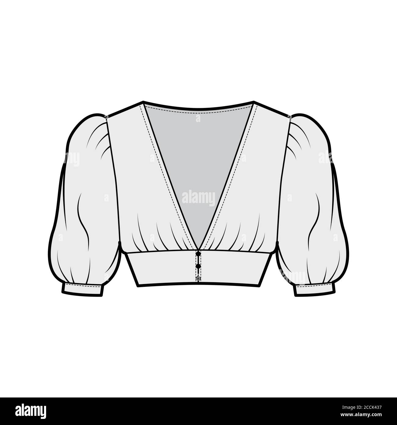 Cropped top technical fashion illustration with short sleeves, puffed shoulders, front button fastenings, fitted body. Flat apparel shirt template front grey color. Women men, unisex blouse CAD mockup Stock Vector