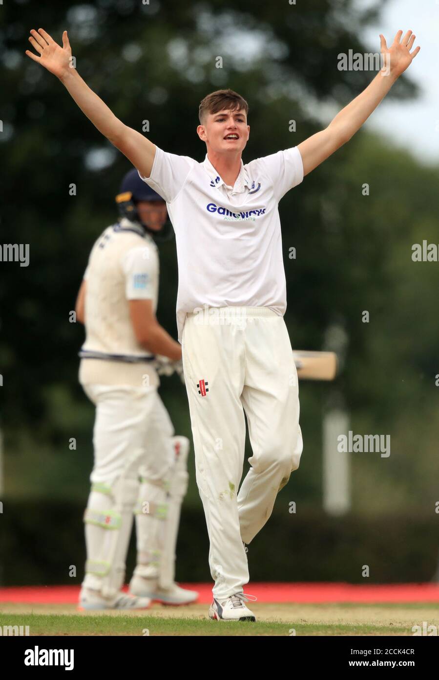 Sussex's Jack Carson celebrates the wicket of Middlesex's Martin Andersson during day two of the Bob Willis Trophy match at Radlett cricket Club, Radlett. Stock Photo