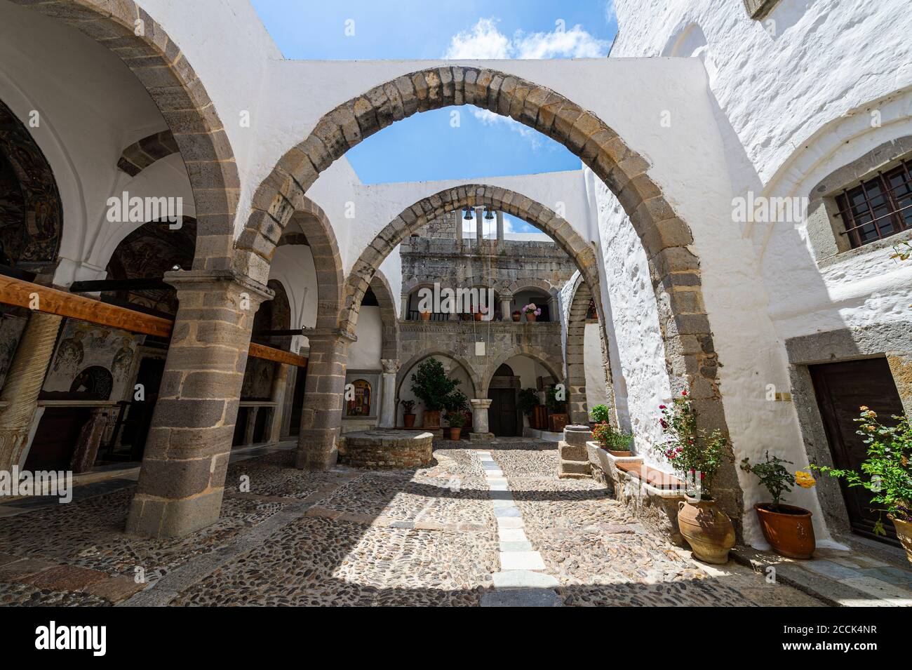 Greece, South Aegean, Patmos, Archways in Monastery of Saint John the Theologian Stock Photo