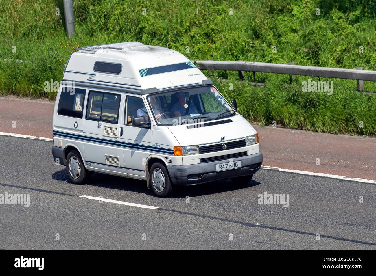 1998 90s nineties Trident white grey VW Volkswagen Transporter TD SWB Caravans and Motorhomes, campervans on Britain's roads, RV leisure vehicle, family holidays, caravanette vacations, Touring caravan holiday, van conversions, Vanagon autohome, life on the road, Stock Photo