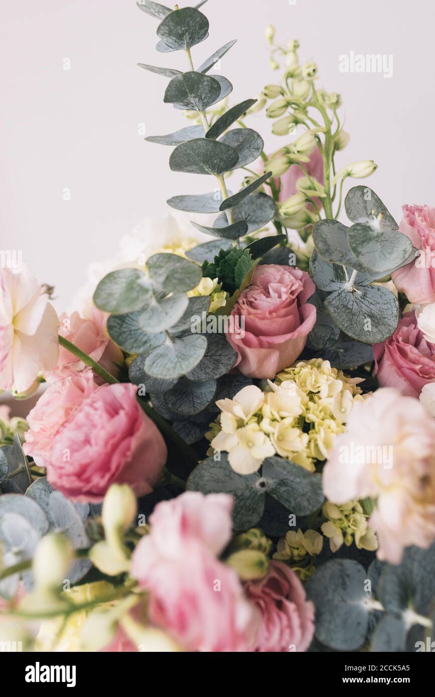 Pink and green bouquet of summer flowers Stock Photo
