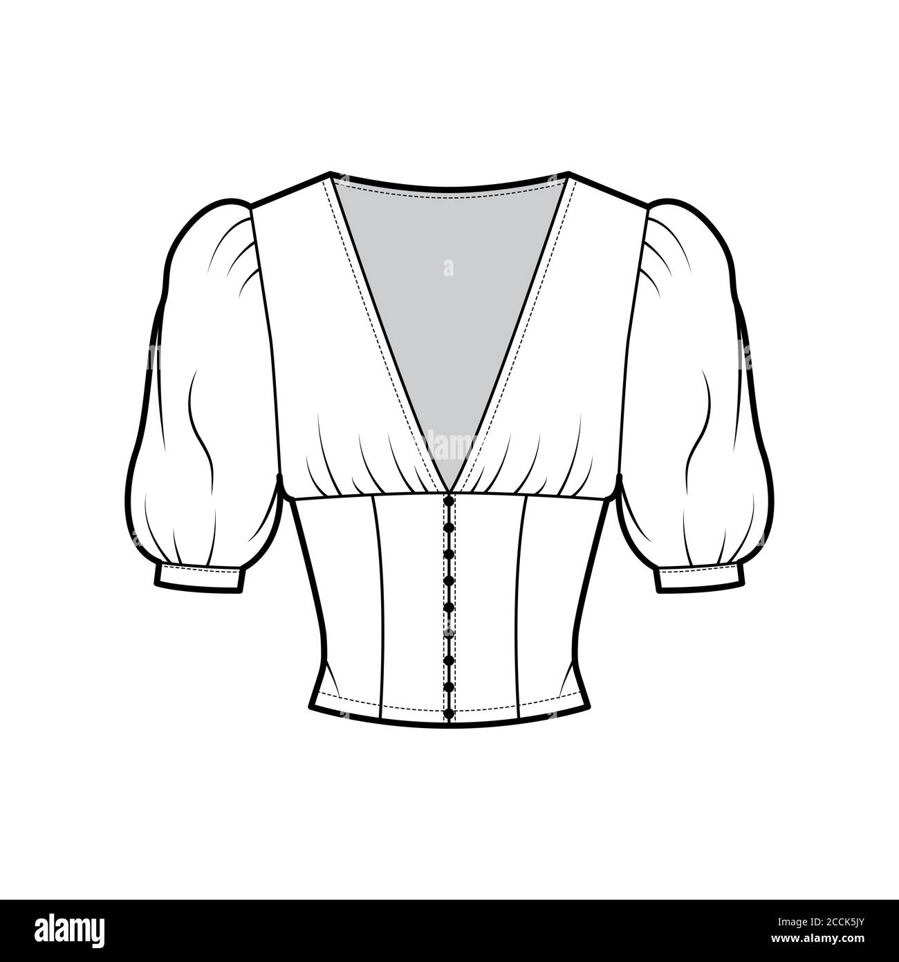 Cropped top technical fashion illustration with short sleeves, puffed shoulders, front button fastenings, fitted body. Flat apparel shirt template front white color. Women men unisex blouse CAD mockup Stock Vector