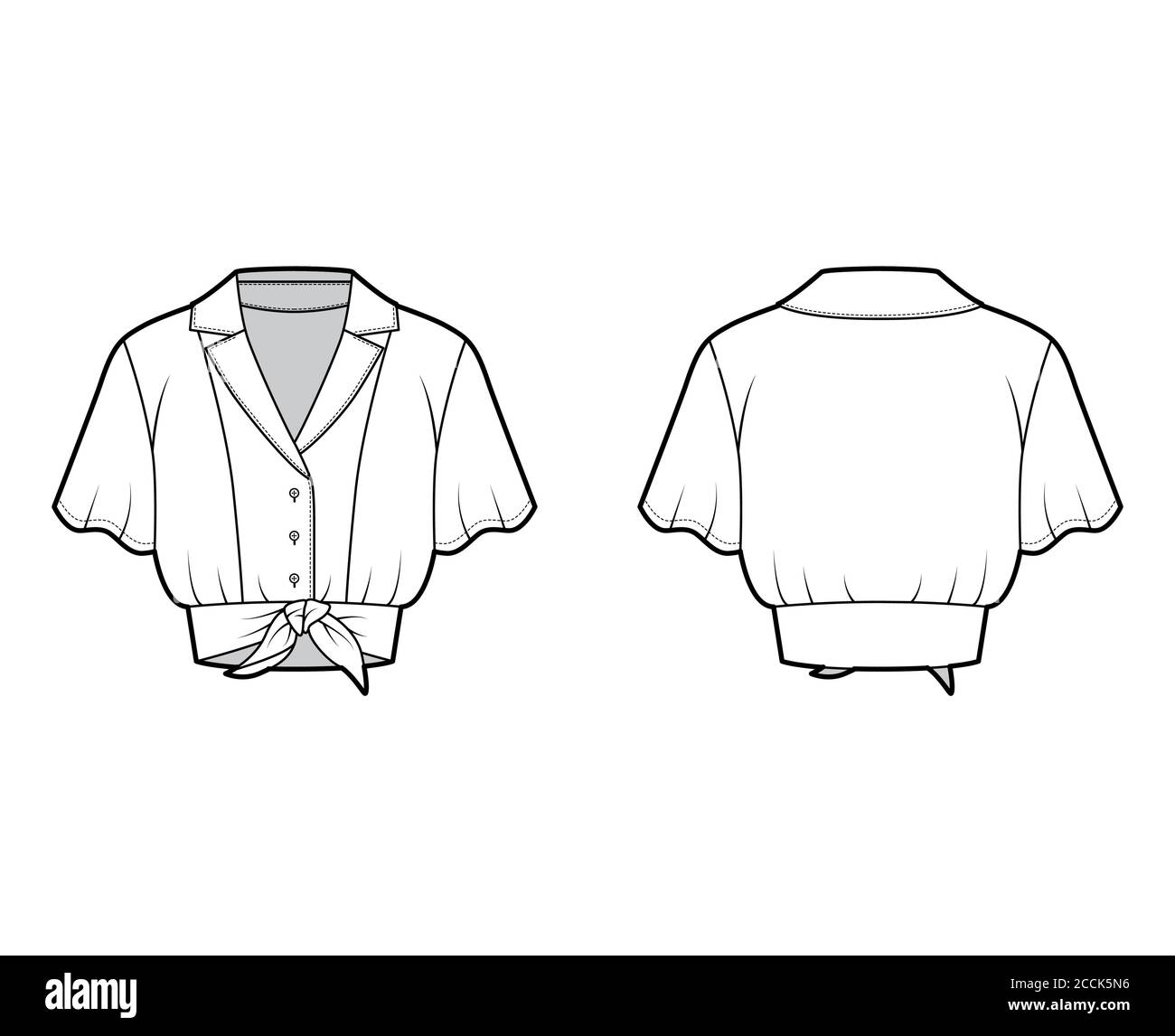 Tie-front cropped shirt technical fashion illustration with camp collar, short circle sleeves, front button fastenings. Flat blouse apparel template front back white color. Women men unisex top mockup Stock Vector