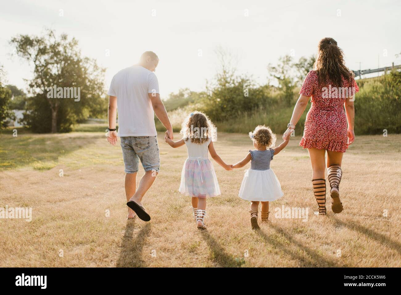 Family walking on a meadow in backlight Stock Photo