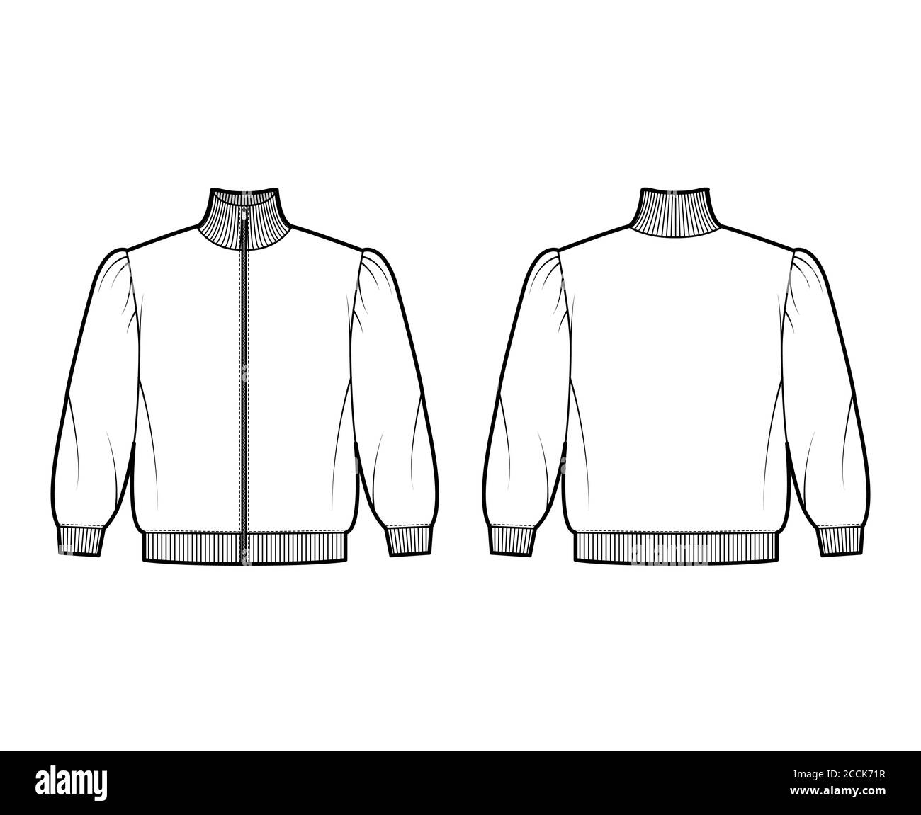 Zip-up turtleneck cropped cotton-terry sweatshirt technical fashion illustration with puffed shoulders, elbow sleeves. Flat jumper apparel template front back white color. Women, men unisex top CAD Stock Vector