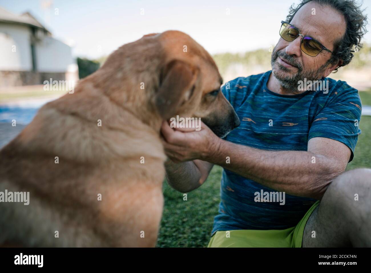 Man looking at dog affectionately in field Stock Photo