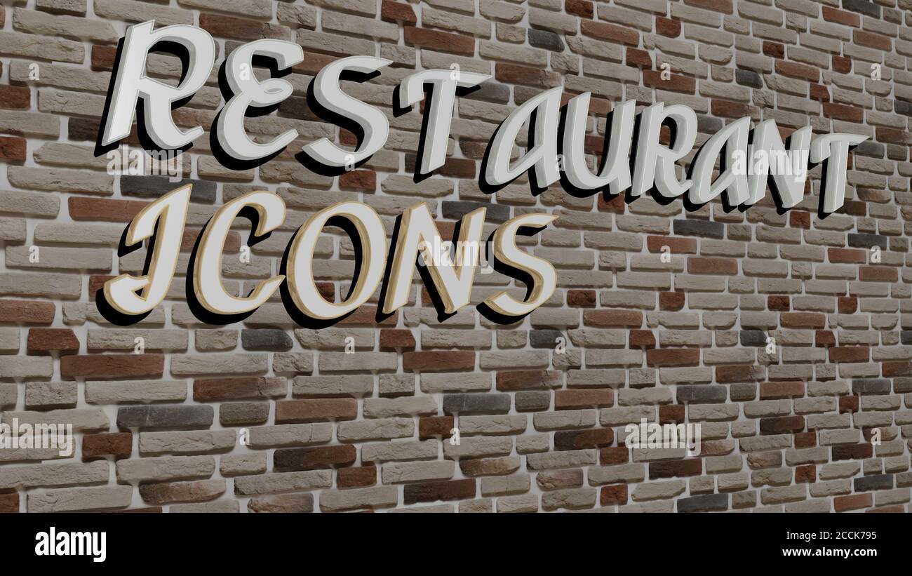 restaurant icons text on textured wall, 3D illustration Stock Photo - Alamy