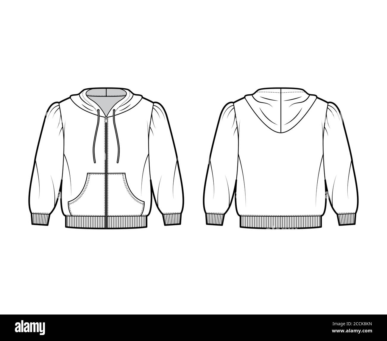 Zip-up cropped cotton-jersey hoodie technical fashion illustration with puffed shoulders, elbow sleeves, front pocket. Flat jumper template front back white color. Women men unisex sweatshirt top Stock Vector