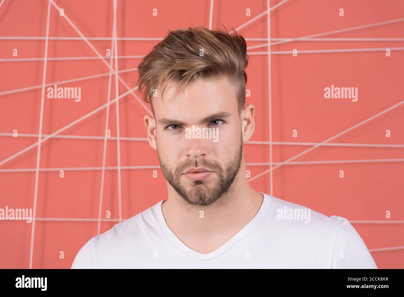Macho with beard on unshaven face. Bearded man with blond hair and stylish haircut. Handsome guy with healthy young skin face. Hair care in salon or barbershop. Mens beauty, skincare and grooming Macho with beard on unshaven face. Bearded man with blond hair and stylish haircut. Handsome guy with healthy young skin face. Hair care in salon or barbershop. Mens beauty, skincare and grooming