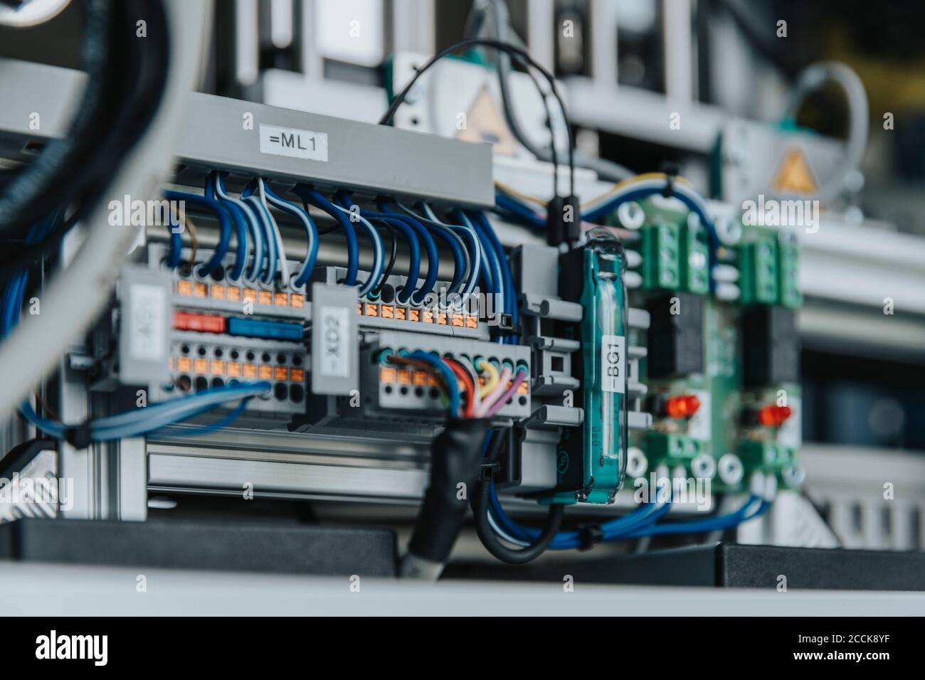 Close-up of electrical equipment with cables in laboratory at factory Stock Photo