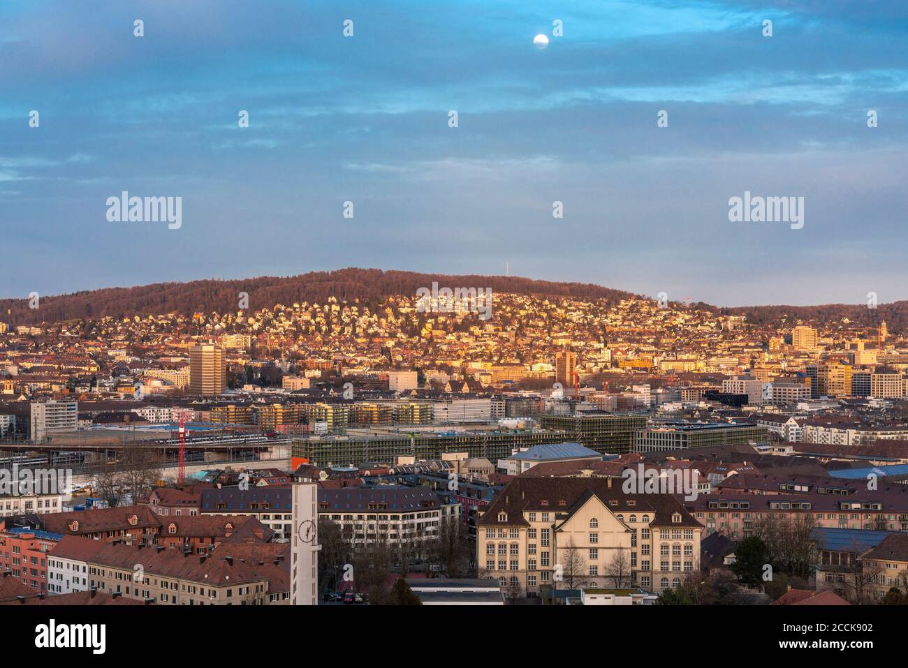 Switzerland, Zurich, Cityscape at dusk, aerial view Stock Photo