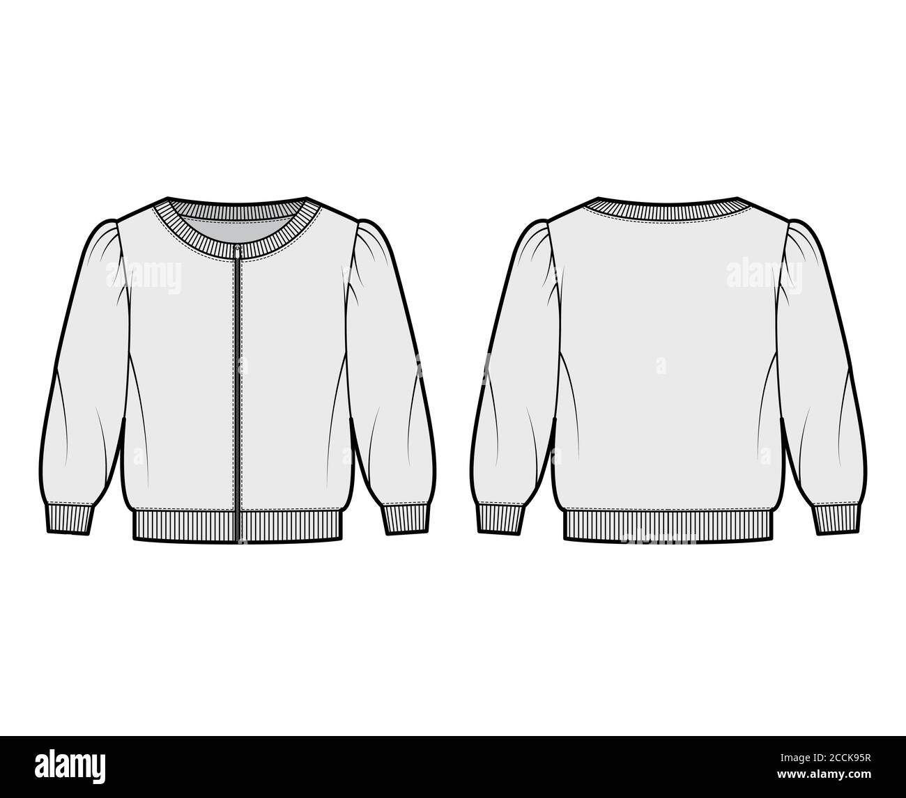 Zip-up cropped cotton-terry sweatshirt technical fashion illustration with scoop neckline, puffed shoulders, elbow sleeves. Flat jumper apparel template front back grey color. Women, men unisex top Stock Vector