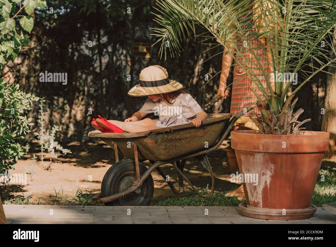 Mother holding daughter sitting in wheelbarrow at yard Stock Photo - Alamy