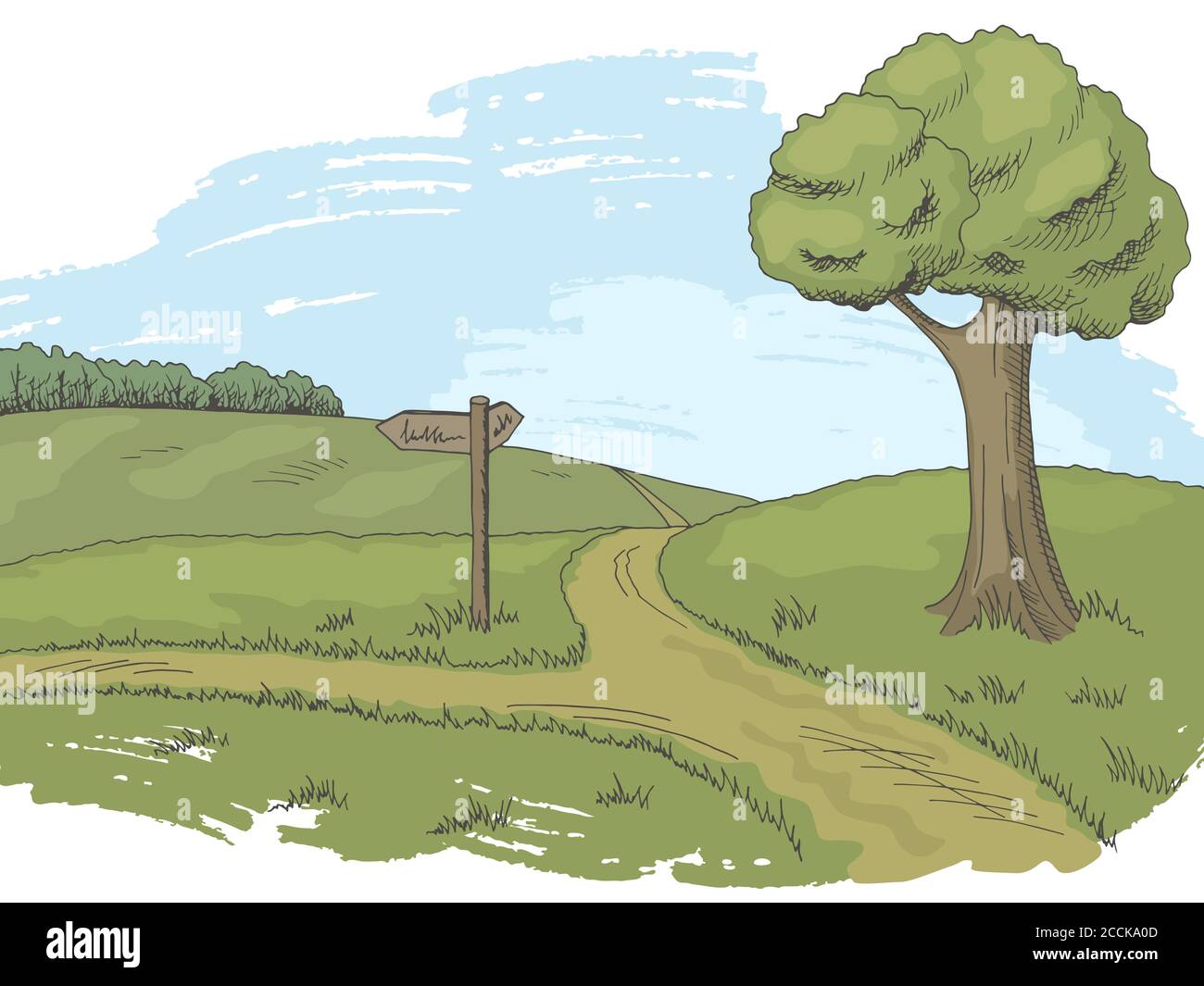 Crossroad pathway graphic color tree landscape sketch illustration
