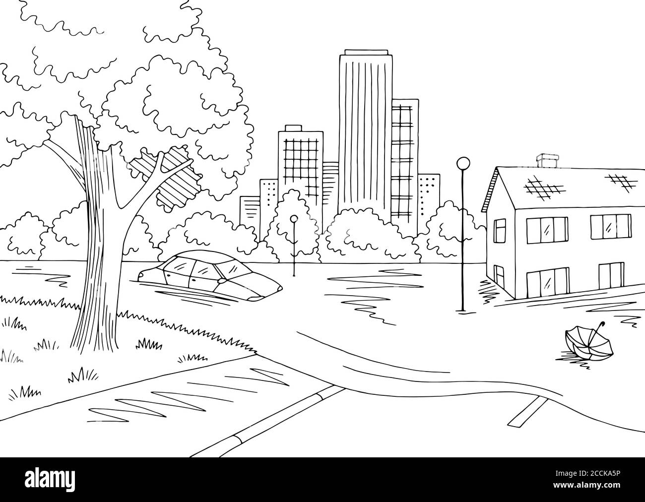 Flood graphic black white landscape city sketch illustration vector Stock Vector
