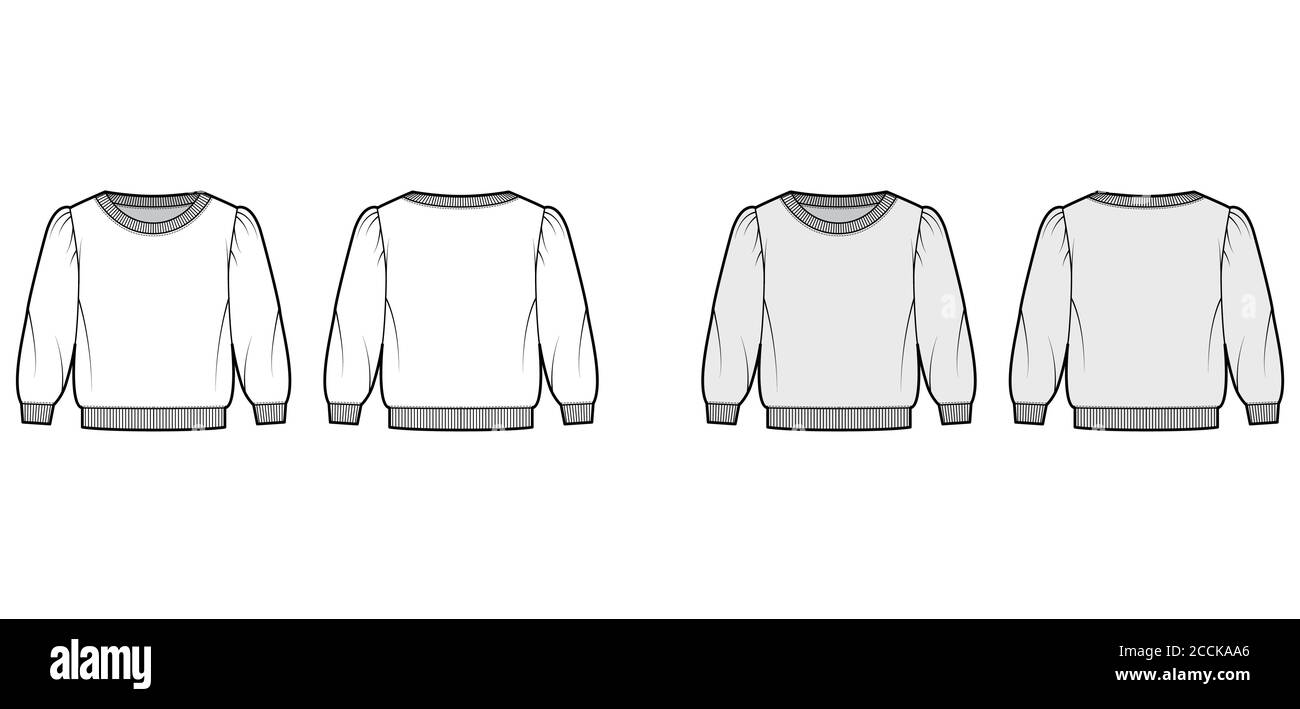 Cropped cotton-terry sweatshirt technical fashion illustration with scoop neckline, puffed shoulders, elbow sleeves. Flat jumper apparel template front back white grey color. Women, men unisex top CAD Stock Vector