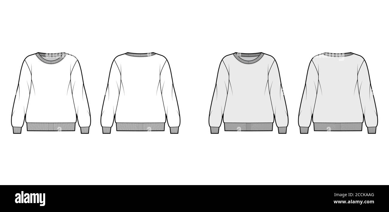 Oversized cotton-terry sweatshirt technical fashion illustration with crew neckline, long sleeves, ribbed trims. Flat outwear jumper apparel template front back white grey color. Women, men unisex top Stock Vector