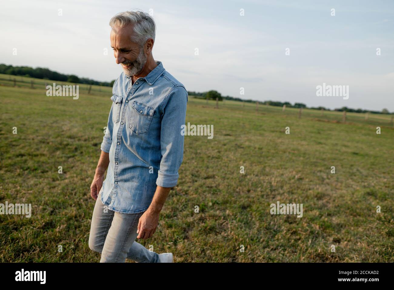 Happy mature man walking on a meadow in the countryside Stock Photo