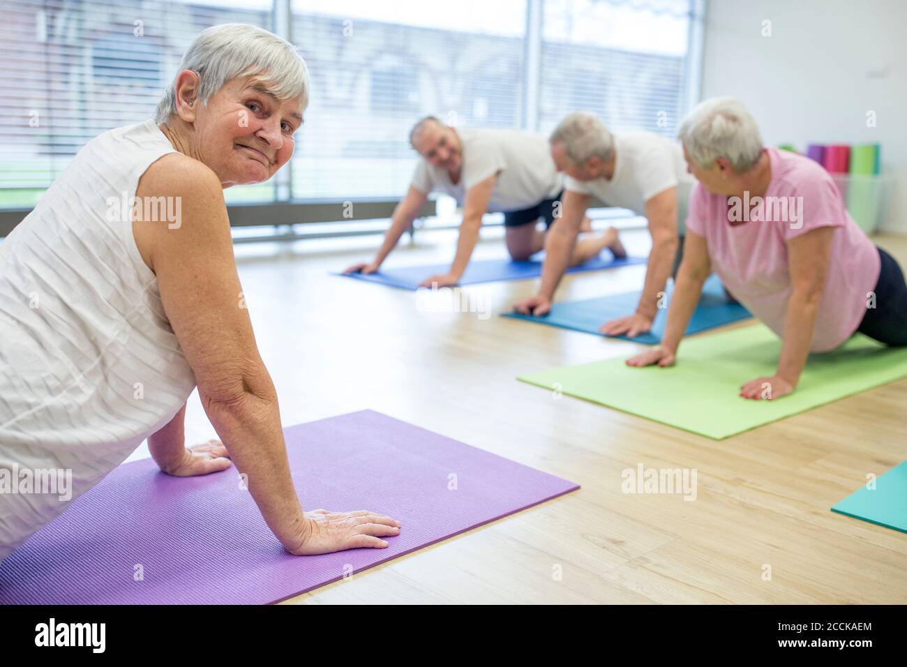 Group of active seniors practicing yoga together Stock Photo