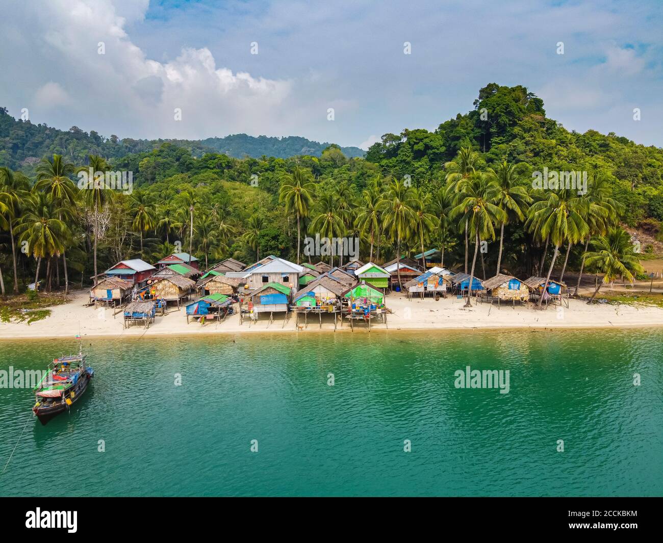 Myanmar, Mergui or Myeik Archipelago, Moken, sea Gypsy village on sandy beach, aerial view Stock Photo