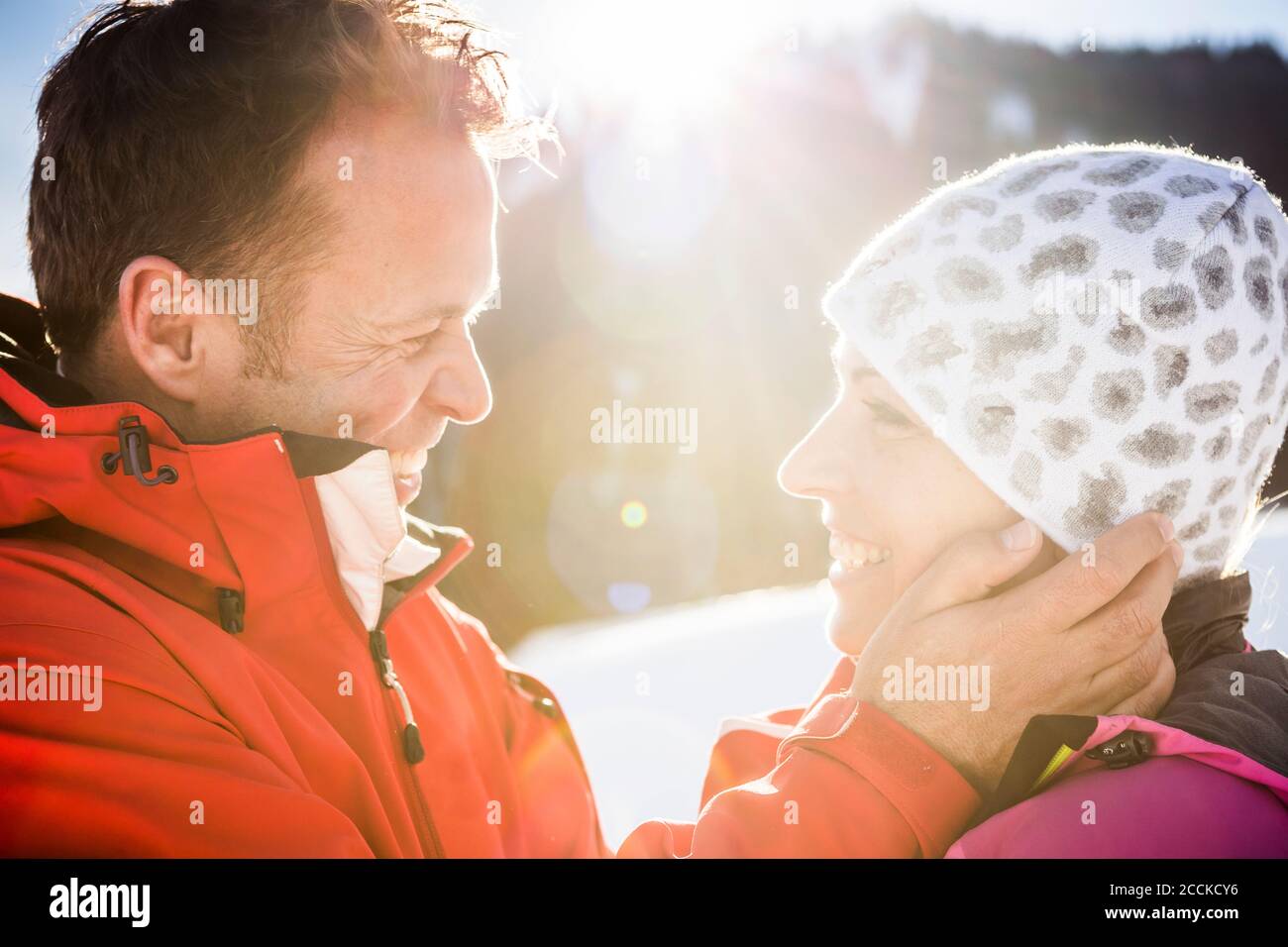 Happy affectionate couple in winter landscape, Achenkirch, Austria Stock Photo