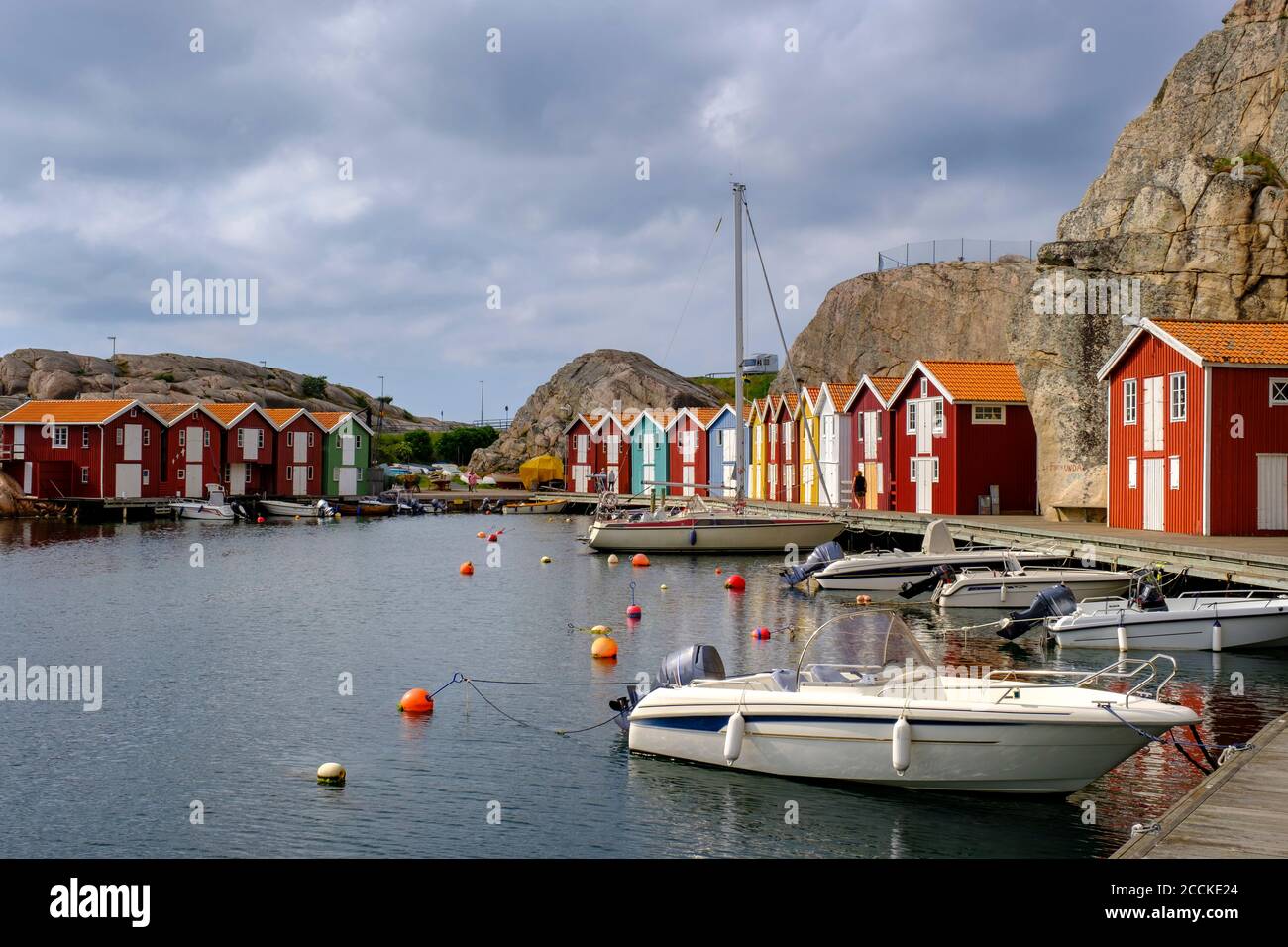 Sweden, Vastra Gotaland County, Smogen, Boats moored in marina Stock Photo
