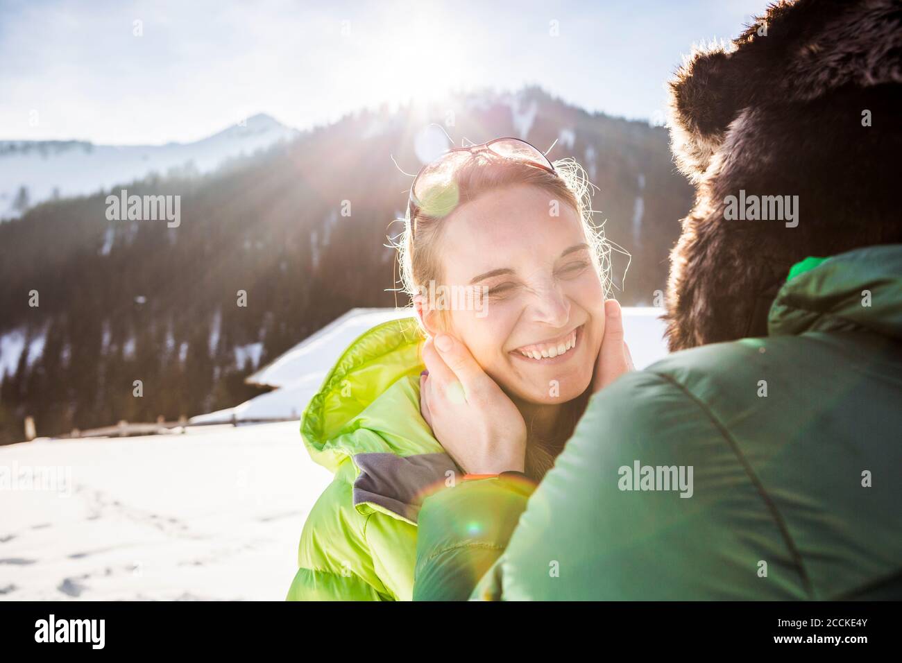 Happy affectionate couple in winter landscape, Achenkirch, Austria Stock Photo