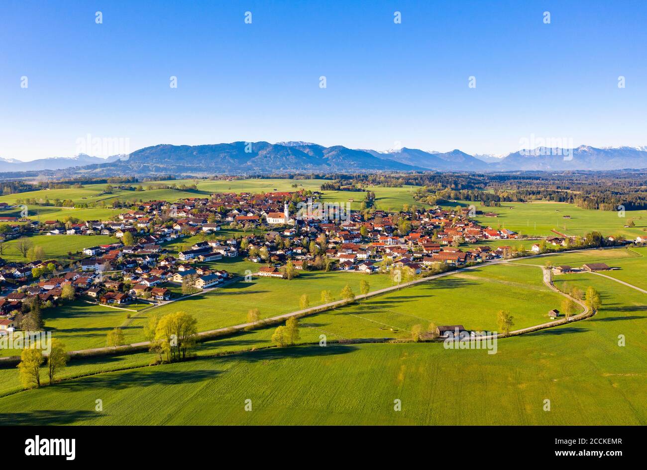 Germany, Bavaria, Konigsdorf, Aerial view of village in Alpine Foothills in summer Stock Photo