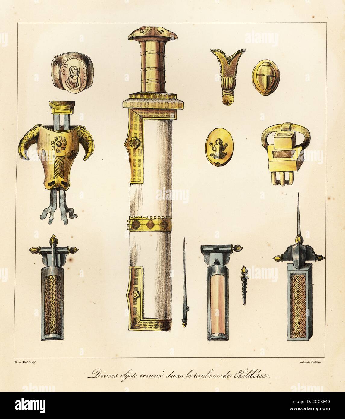 Sword, scabbard, signet ring, buckle and other objects found in the tomb of Childeric I (c.437-481), Frankish leader in the northern part of imperial Roman Gaul, Merovingian dynasty. Divers objets trouves dans le tombeau de Childeric. Handcoloured lithograph by Villain after an illustration by Horace de Viel-Castel from his Collection des costumes, armes et meubles pour servir à l'histoire de la France (Collection of costumes, weapons and furniture to be used in the history of France), Treuttel & Wurtz, Bossange, 1827. Stock Photo