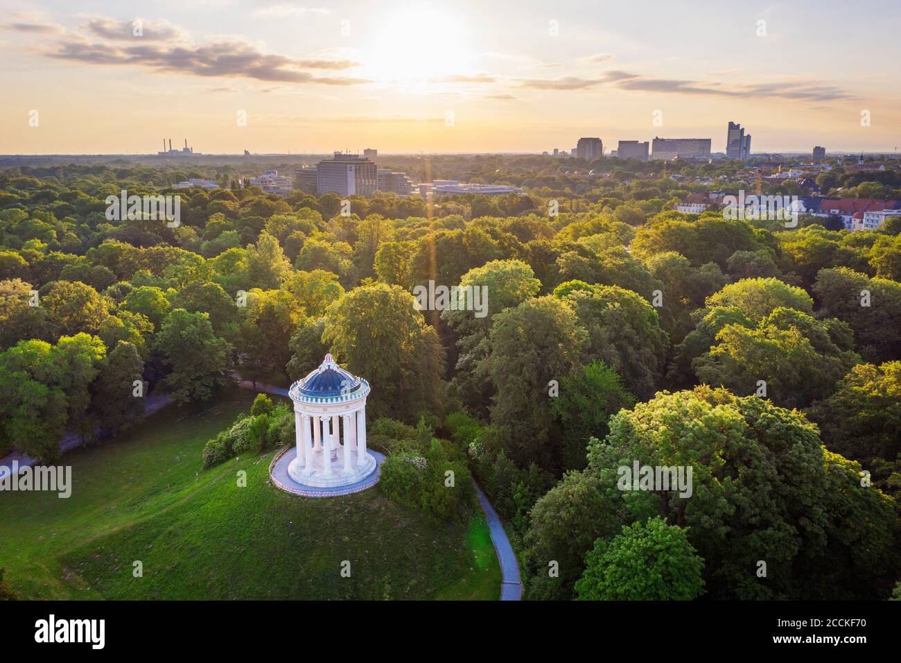 Germany, Bavaria, Munich, Aerial view of Monopteros in English Garden at sunset Stock Photo