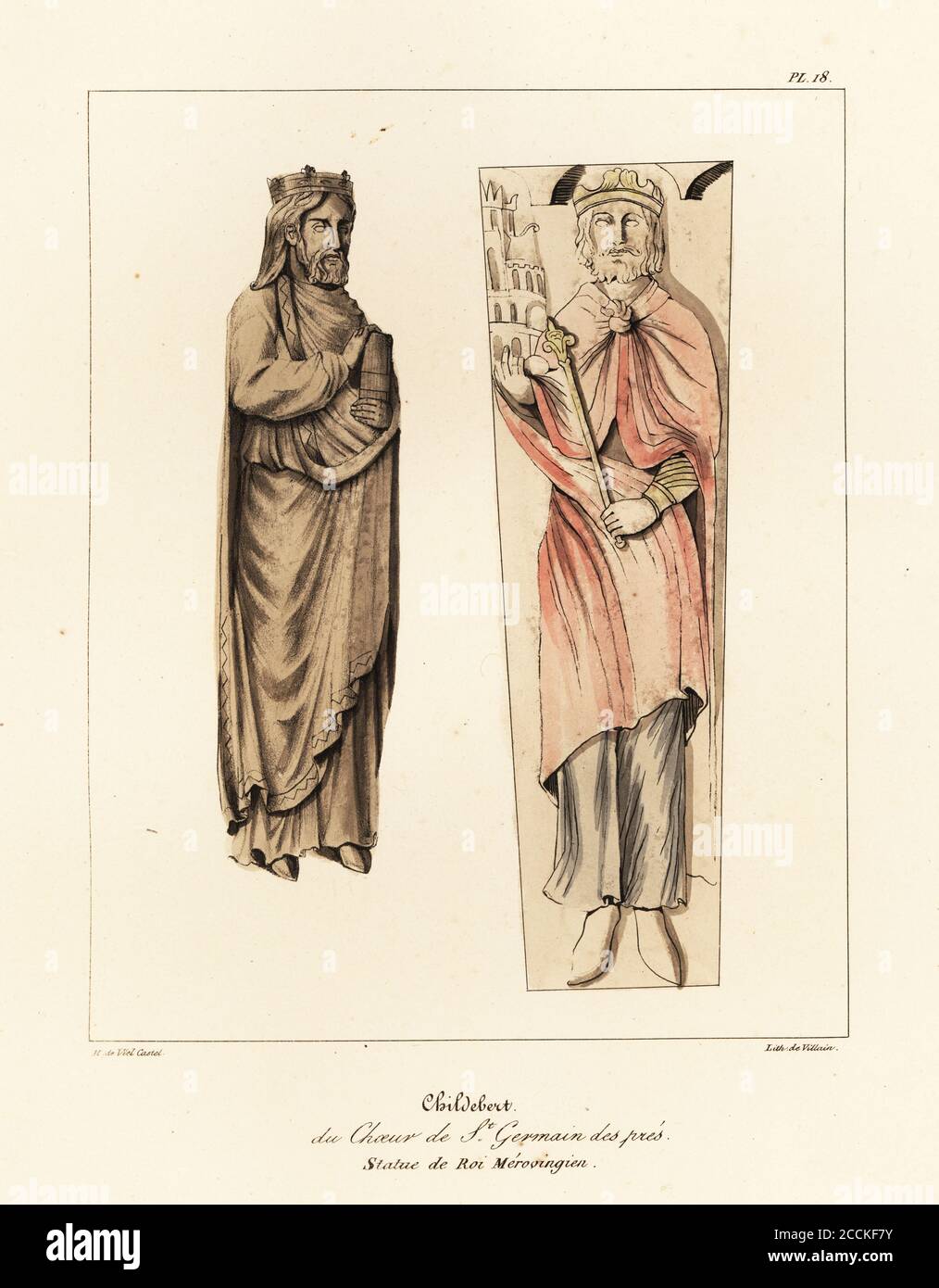 Childebert I (c. 496-558), King of Paris, Frankish King of the Merovingian dynasty. From his tomb in the choir, and statue in the Refectory of Saint Germain de Pres, Paris. Childebert, du choeur de St. Germain des pres, Statue de Roi Merovingien. Handcoloured lithograph by Villain after an illustration by Horace de Viel-Castel from his Collection des costumes, armes et meubles pour servir à l'histoire de la France (Collection of costumes, weapons and furniture to be used in the history of France), Treuttel & Wurtz, Bossange, 1827. Stock Photo