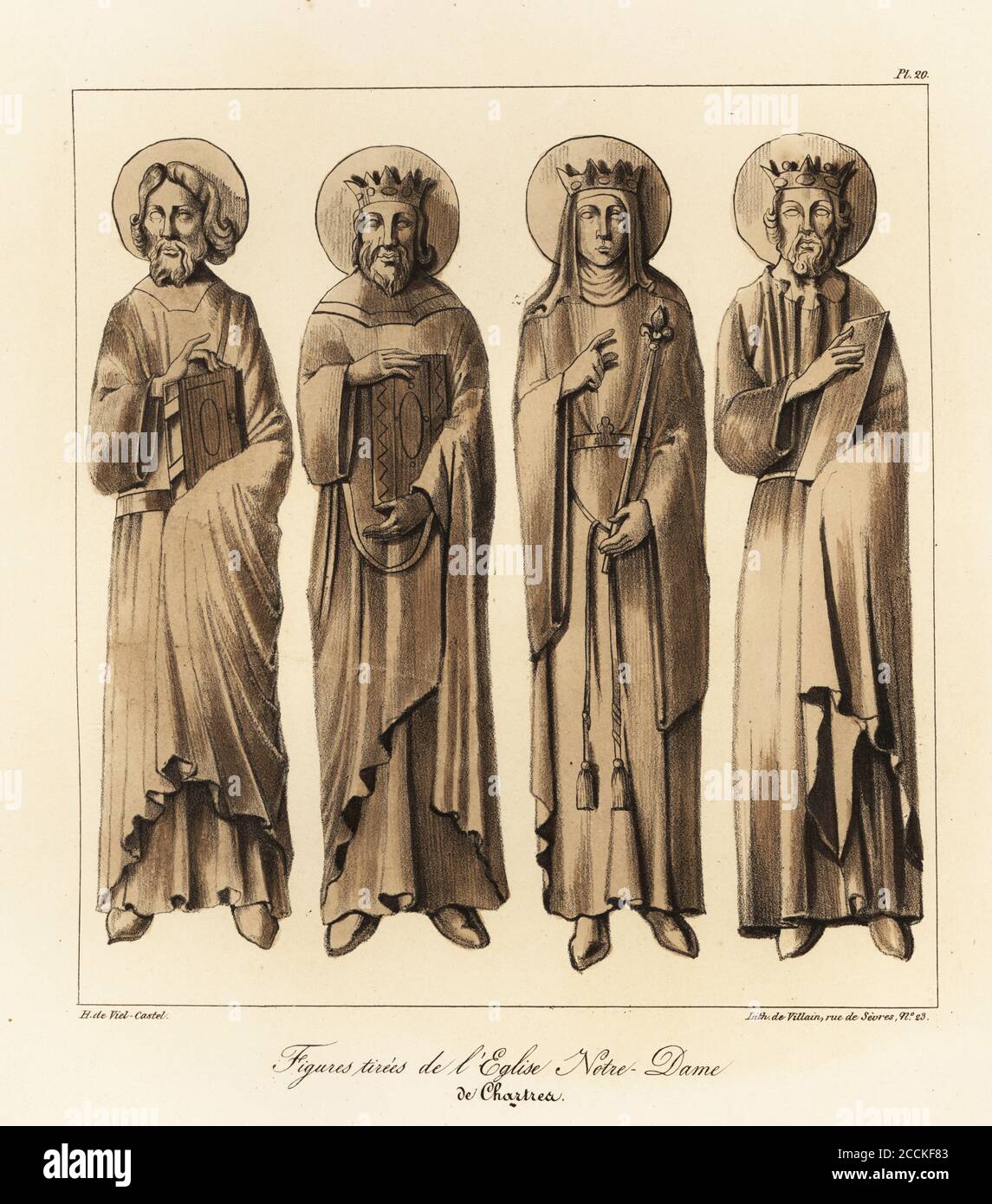 Male and female carved figures from Chartres Cathedral. Originally believed  to be Merovingian dynasty kings and queens. Figures tirees de l'Eglise  Notre Dame de Chartres. Tinted lithograph by Villain after an illustration
