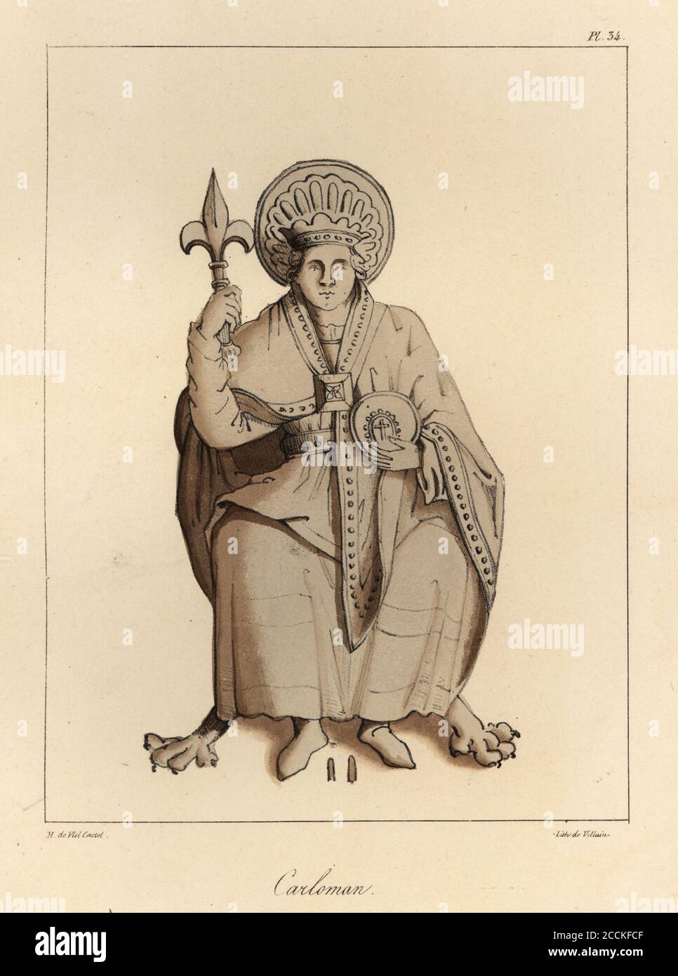 Carloman I, King of the Franks, younger brother of Charlemagne, 751-771. Statue in Fulda Cathedral. Tinted lithograph by Villain after an illustration by Horace de Viel-Castel from his Collection des costumes, armes et meubles pour servir à l'histoire de la France (Collection of costumes, weapons and furniture to be used in the history of France), Treuttel & Wurtz, Bossange, 1827. Stock Photo