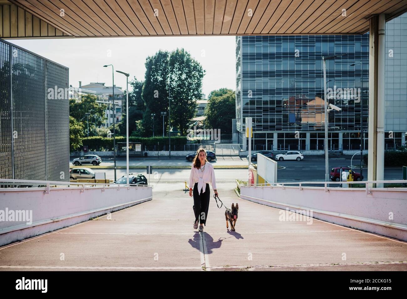 Woman walking with dog on elevated walkway Stock Photo