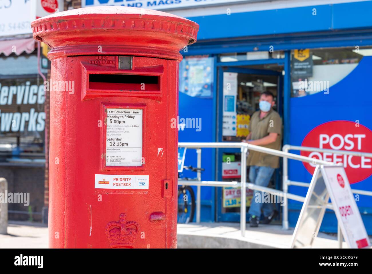 Priority post box, sign, outside a Post Office in Southend on Sea